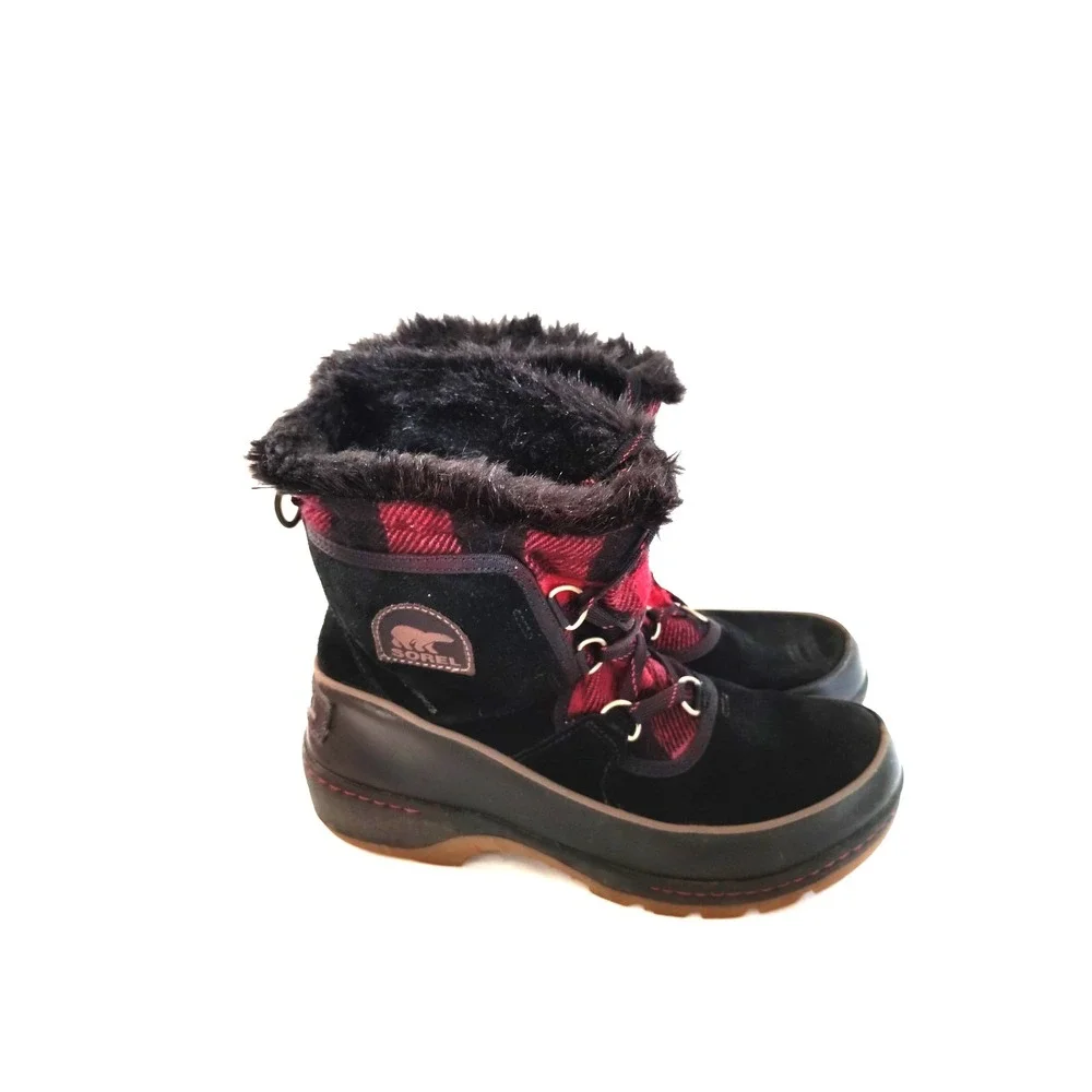 Sorel Women 8.5 Slimpack II Black Suede Red Plaid Fur Lined Waterproof Duck Boot